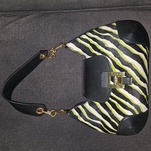 Michael Kors Black and Lime Zebra-Print Hobo with Gold Hardware